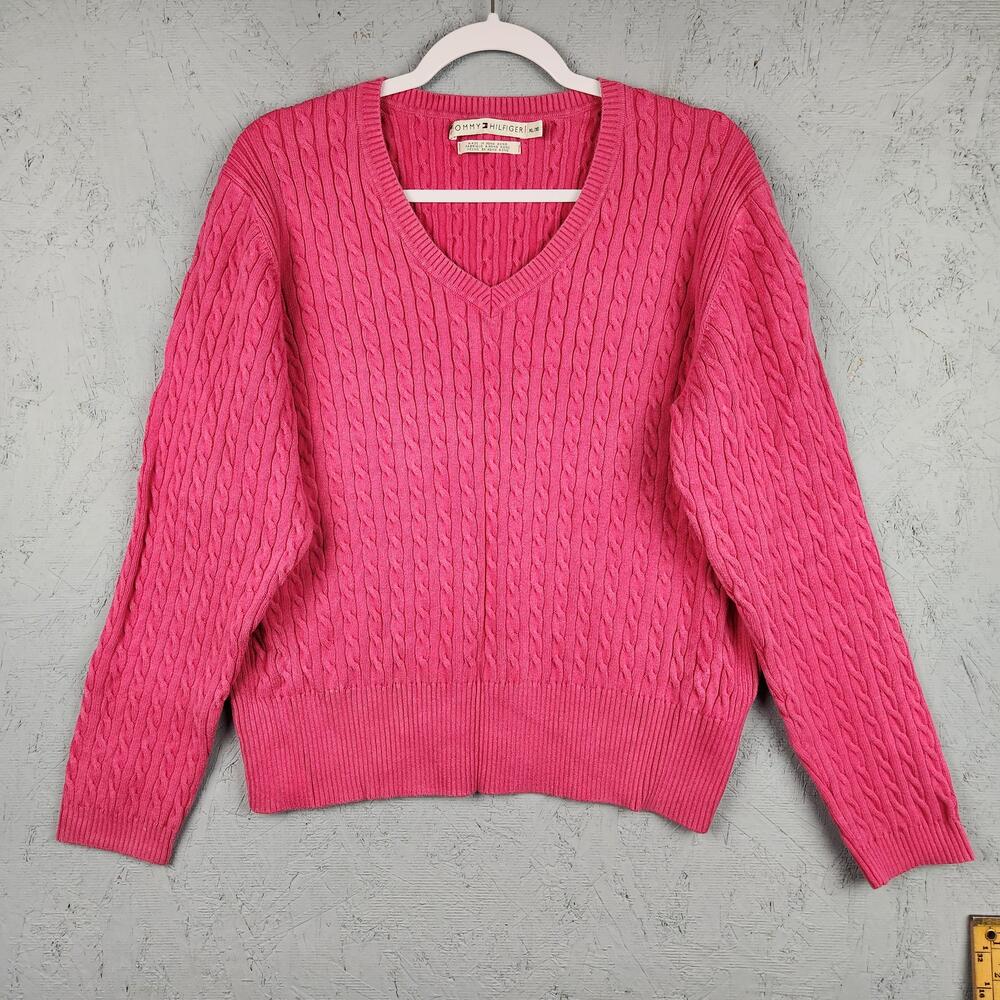Vintage Tommy Hilfiger Sweater Womens XL Pink Cable Knit V Neck Pullover Classic